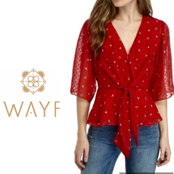Wayf Tops - WAYF Red Rose Tie Front Peplum Blouse NWT